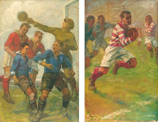 Two paintings by Jean Jacoby, a goalmouth scramble and a rugby run